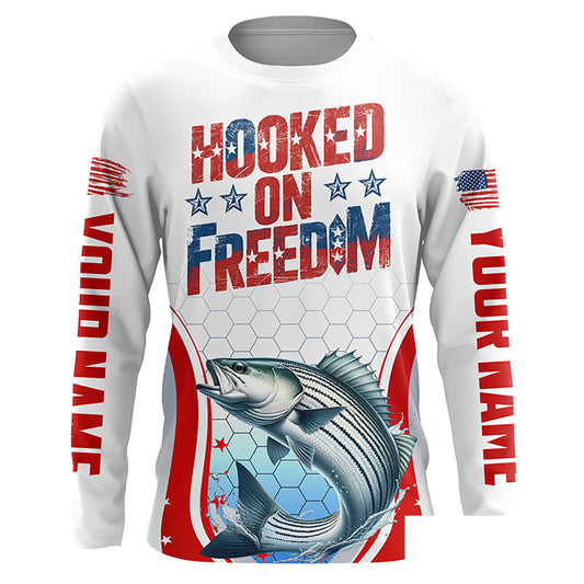American Flag Striped Bass Custom Long Sleeve Fishing Shirts, Patriotic Fishing Jerseys IPHW6814