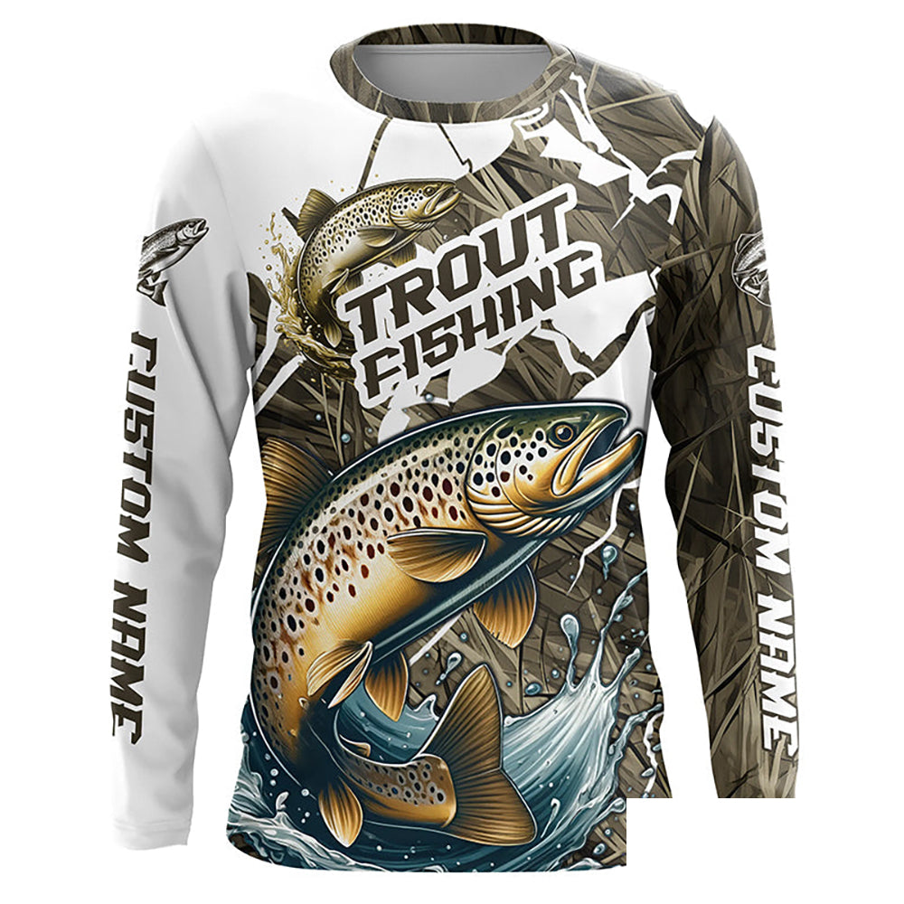 Brown Trout Fishing Custom Long Sleeve Tournament Shirts, Trout Fly Fishing Jerseys Grass Camo IPHW6451