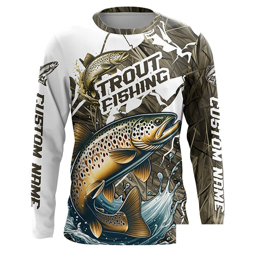 Brown Trout Fishing Custom Long Sleeve Tournament Shirts, Trout Fly Fishing Jerseys Grass Camo IPHW6451