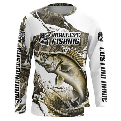 Grass Camo Custom Walleye Fishing Long Sleeve Tournament Fishing Shirts, Walleye Fishing Apparel IPHW6461