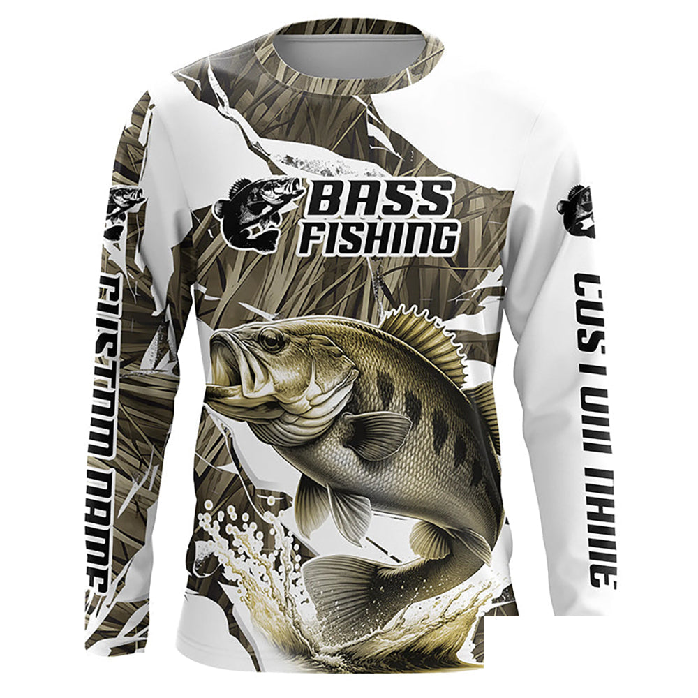 Grass Camo Custom Smallmouth Bass Fishing Long Sleeve Fishing Shirts, Smallmouth Fishing Apparel IPHW6462