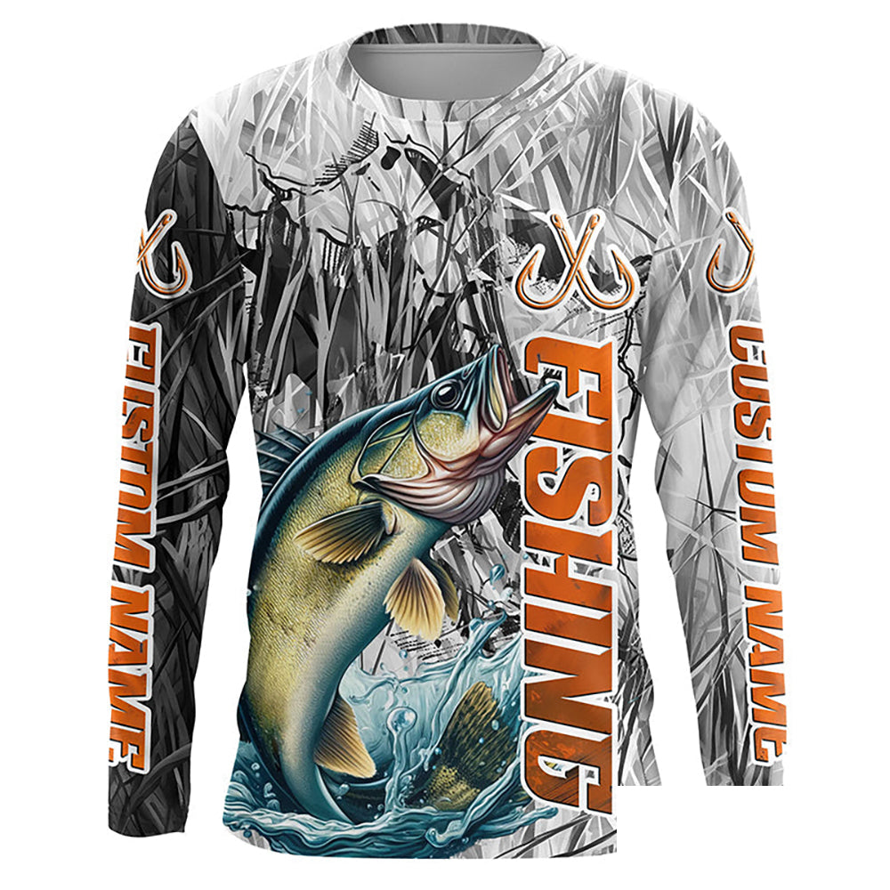 Walleye Fishing Custom Long Sleeve Tournament Fishing Shirts, Gray Camo Walleye Fishing Jerseys IPHW6464