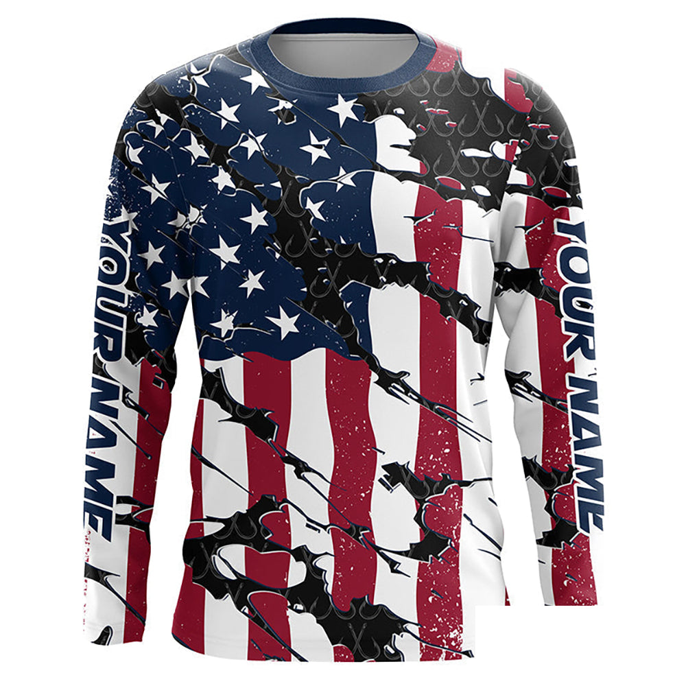 Personalized American Flag Long Sleeve Fishing Shirts Uv Protection, Patriotic Fishing Apparel IPHW6994