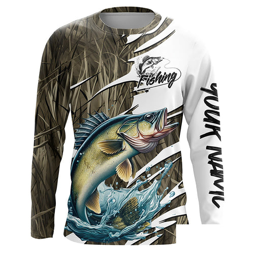 Walleye Fishing Custom Camo Long Sleeve Fishing Shirts, Walleye Fishing Tournament Apparel IPHW7196
