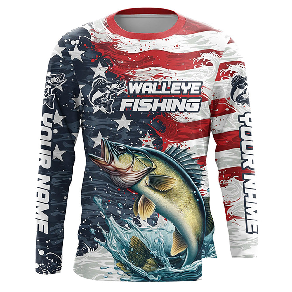 Custom Walleye Fishing American Flag Long Sleeve Fishing Shirts, Patriotic Walleye Fishing Shirts IPHW6823