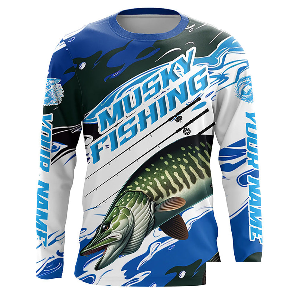 Custom Musky Fishing Jerseys, Muskie Long Sleeve Tournament Fishing Shirts | Blue Camo  IPHW6126