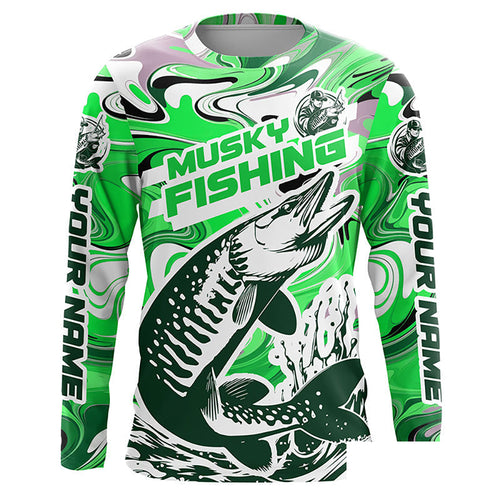 Custom Musky Long Sleeve Tournament Fishing Shirts, Water Camo Muskie Fishing Jerseys | Green IPHW6162