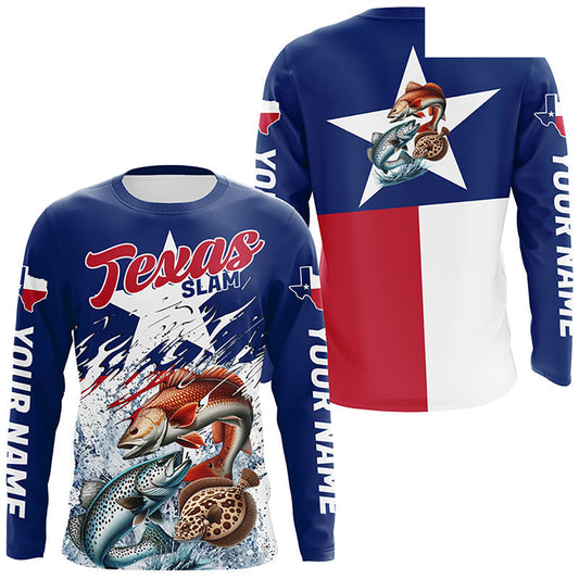 Redfish Trout Flounder Texas Slam Custom Long Sleeve Fishing Shirts, Texas Flag Fishing Shirts IPHW7004