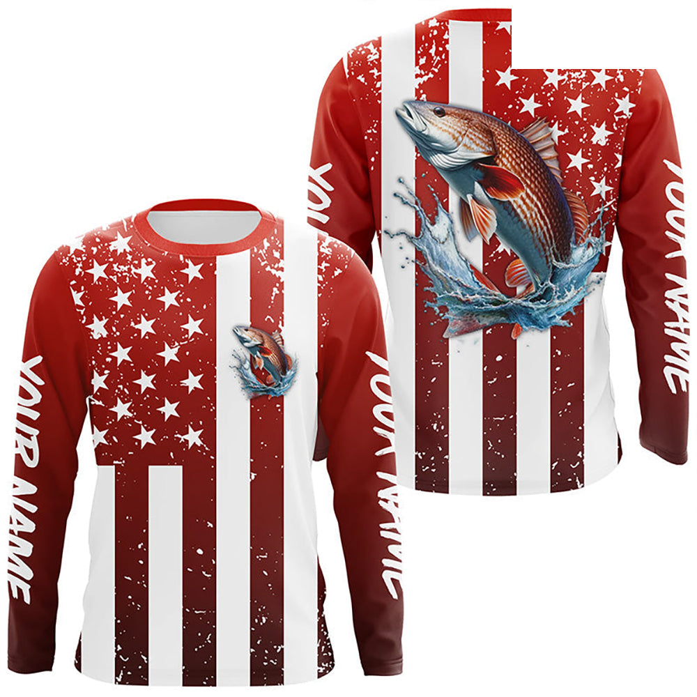 Custom Redfish Long Sleeve Tournament Fishing Shirts, Grunge American Flag Patriotic Fishing Shirts IPHW5604
