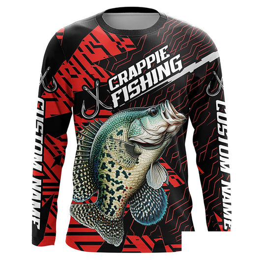 Black And Red Custom Crappie Fishing Jerseys, Crappie Long Sleeve Tournament Fishing Shirts IPHW6199
