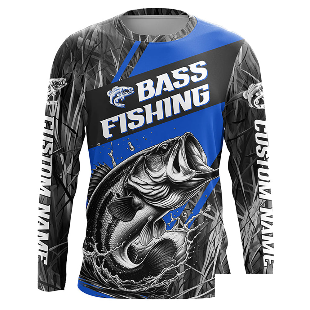 Black And Blue Camo Bass Long Sleeve Tournament Fishing Shirts, Custom Bass Fishing Jerseys IPHW6683