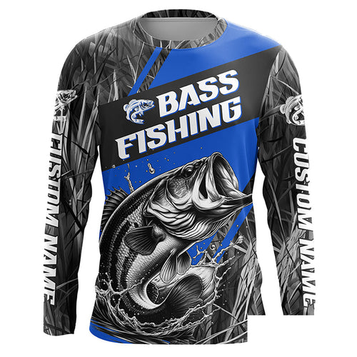 Black And Blue Camo Bass Long Sleeve Tournament Fishing Shirts, Custom Bass Fishing Jerseys IPHW6683