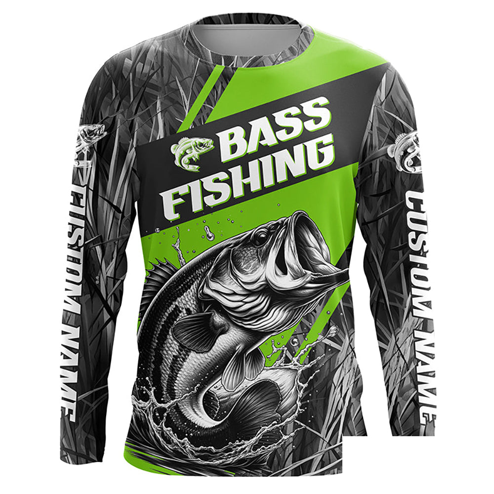 Black And Green Camo Bass Long Sleeve Tournament Fishing Shirts, Custom Bass Fishing Jerseys IPHW6684