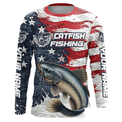 Catfish Fishing Custom Long Sleeve Fishing Shirts, American Flag Patriotic Catfish Fishing Shirt IPHW7013