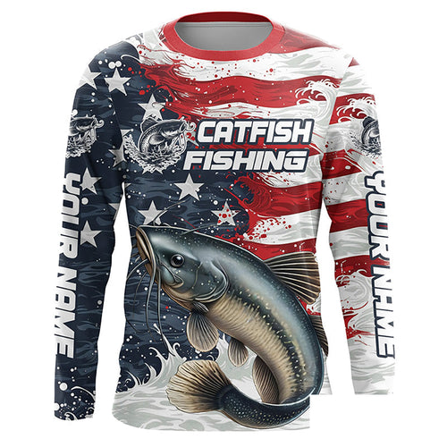 Catfish Fishing Custom Long Sleeve Fishing Shirts, American Flag Patriotic Catfish Fishing Shirt IPHW7013