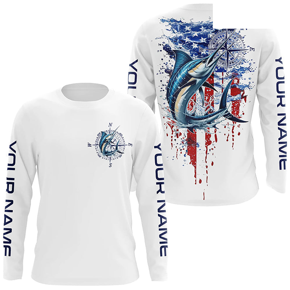 American Flag Marlin Fishing Custom Long Sleeve Fishing Shirts, Patriotic Saltwater Fishing Shirt IPHW7039