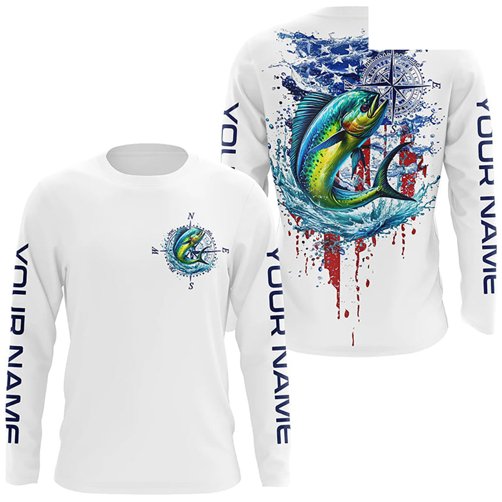 American Flag Mahi Mahi Fishing Custom Long Sleeve Fishing Shirts, Patriotic Saltwater Fishing Shirt IPHW7041