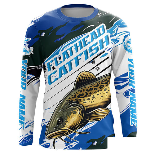 Custom Flathead Catfish Fishing Jerseys, Catfish Long Sleeve Tournament Fishing Shirts | Blue Camo IPHW6226