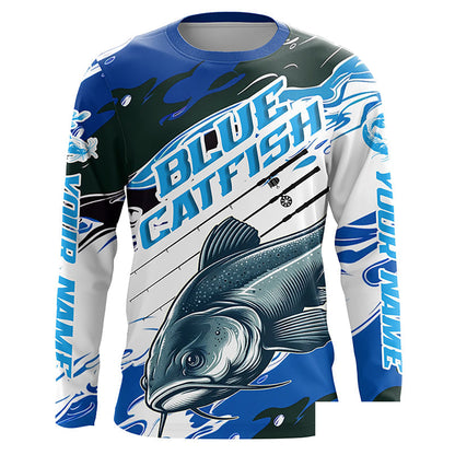 Custom Blue Catfish Fishing Jerseys, Catfish Long Sleeve Tournament Fishing Shirts | Blue Camo IPHW6227