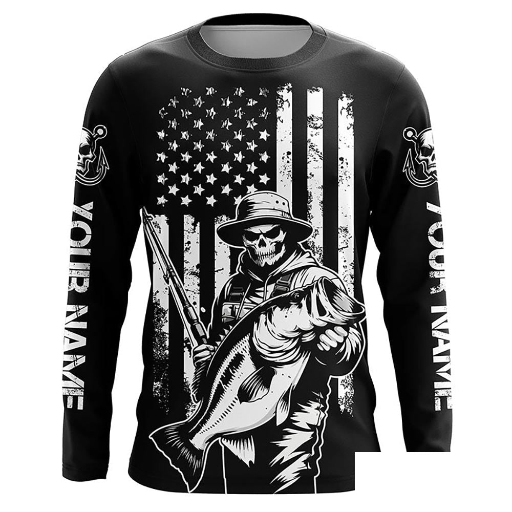 Black And White American Flag Bass Fisherman Custom Skull Fishing Shirts, Patriotic Fishing Jerseys IPHW5648