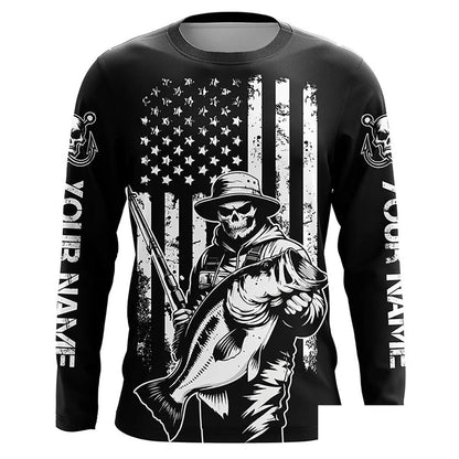 Black And White American Flag Bass Fisherman Custom Skull Fishing Shirts, Patriotic Fishing Jerseys IPHW5648
