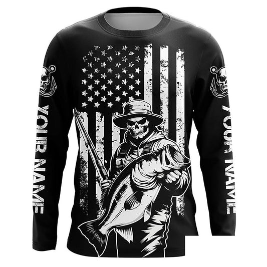 Black And White American Flag Bass Fisherman Custom Skull Fishing Shirts, Patriotic Fishing Jerseys IPHW5648