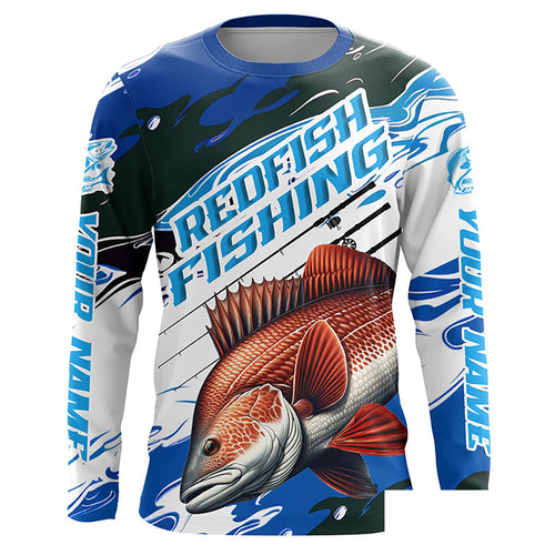 Custom Redfish Puppy Drum Long Sleeve Tournament Fishing Shirts, Redfish Fishing Jerseys | Blue Camo IPHW6231