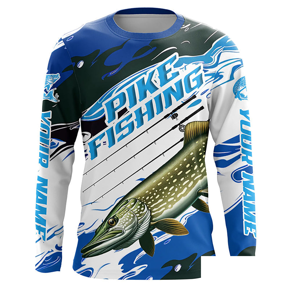 Custom Northern Pike Long Sleeve Tournament Fishing Shirts, Pike Fishing Jerseys | Blue Camo IPHW6232