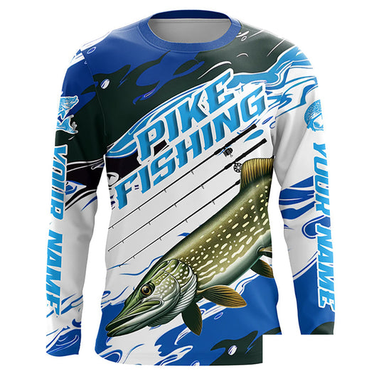 Custom Northern Pike Long Sleeve Tournament Fishing Shirts, Pike Fishing Jerseys | Blue Camo IPHW6232