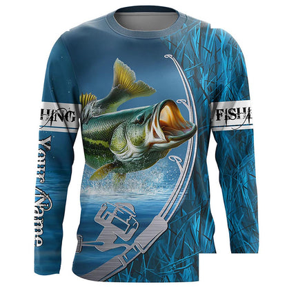 Custom Bass Fishing Long Sleeve Fishing Shirts, Fishing Rod Bass Fishing Camo Fishing Jerseys IPHW5702