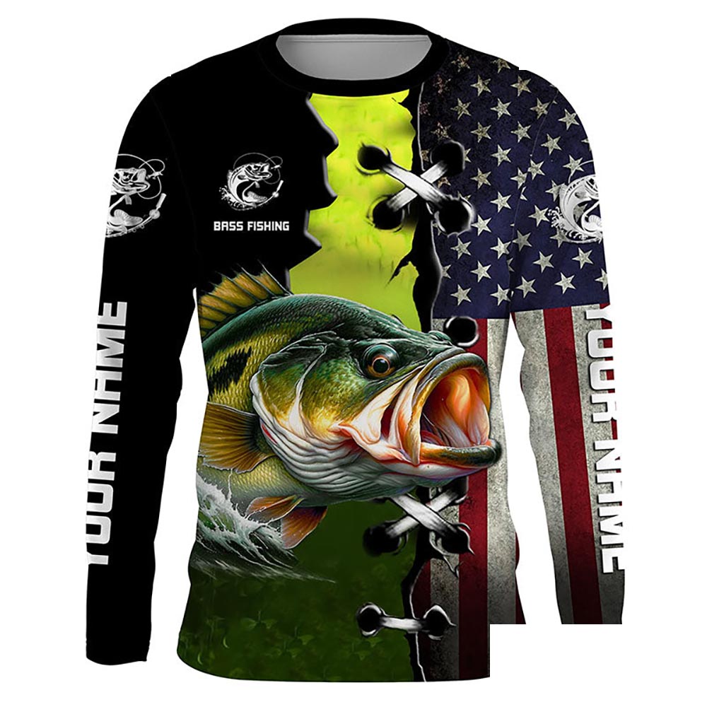 Personalized American Flag Bass Fishing Shirts, Patriotic Bass Tournament Fishing Shirts IPHW5704