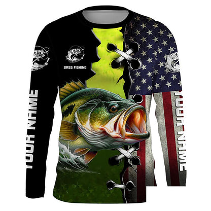 Personalized American Flag Bass Fishing Shirts, Patriotic Bass Tournament Fishing Shirts IPHW5704