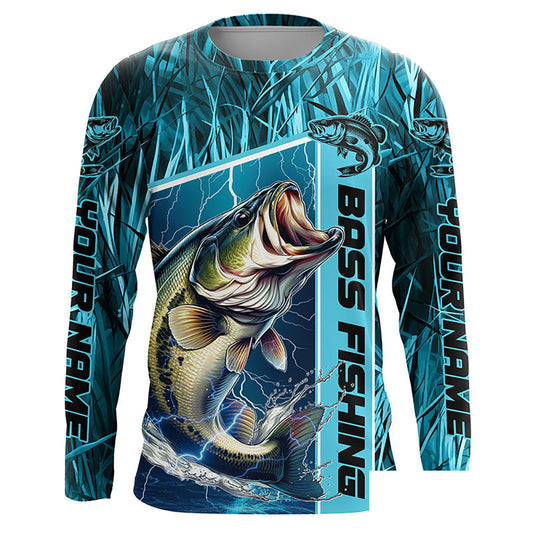 Custom Teal Blue Camo Bass Long Sleeve Tournament Fishing Shirts, Bass Fishing Jerseys IPHW5826