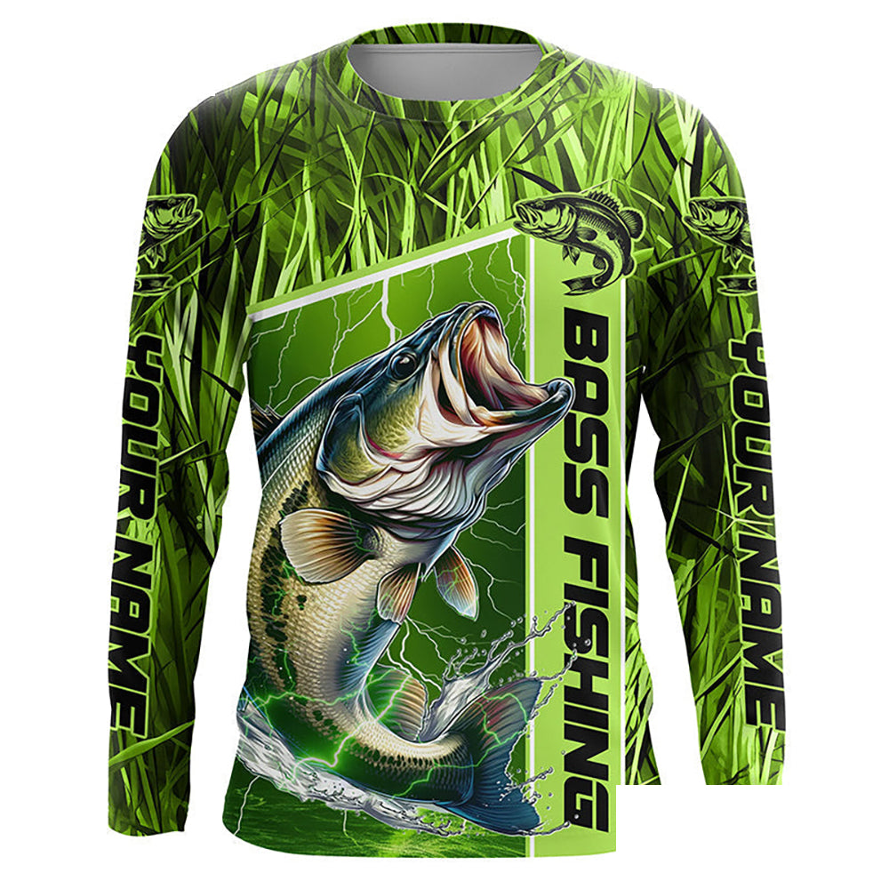 Custom Green Camo Bass Long Sleeve Tournament Fishing Shirts, Bass Fishing Jerseys IPHW5827
