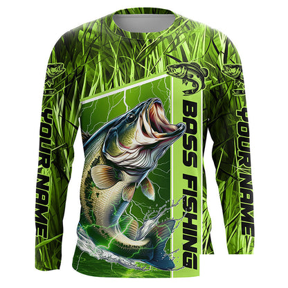 Custom Green Camo Bass Long Sleeve Tournament Fishing Shirts, Bass Fishing Jerseys IPHW5827