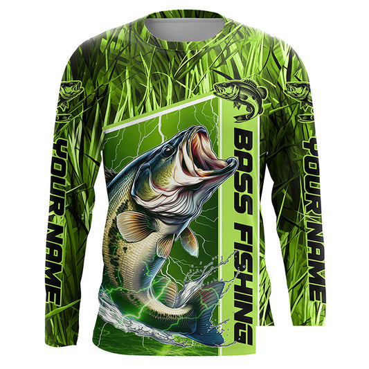 Custom Green Camo Bass Long Sleeve Tournament Fishing Shirts, Bass Fishing Jerseys IPHW5827