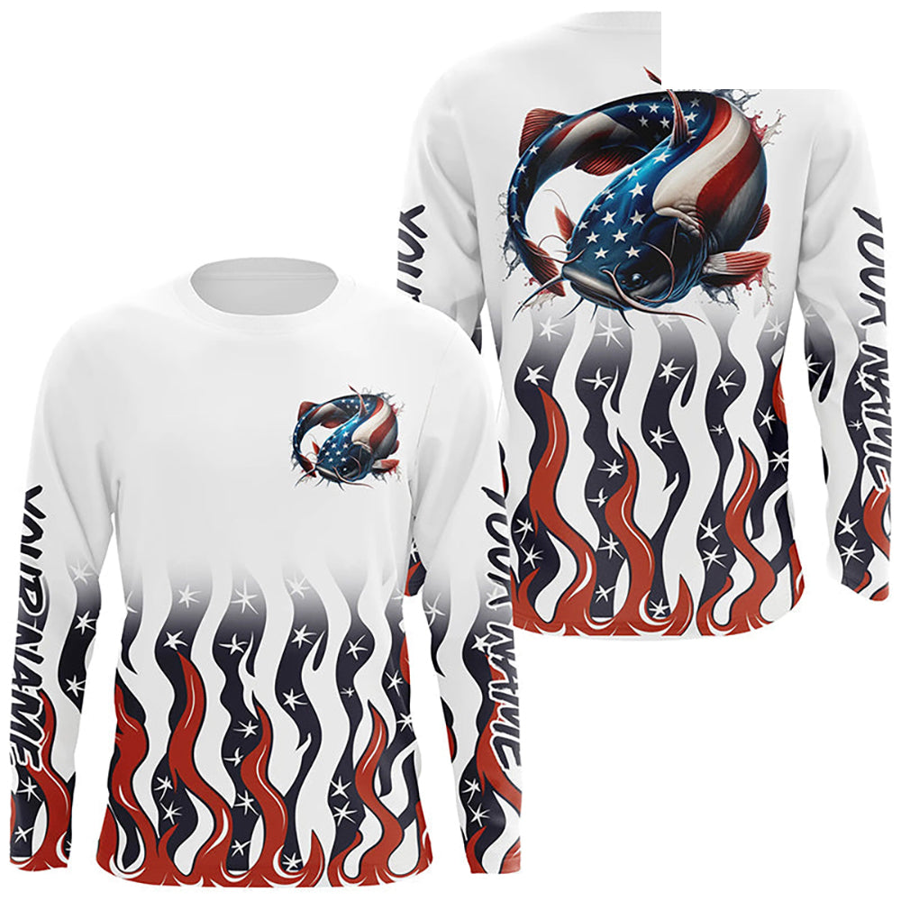 Personalized American Flag Catfish Long Sleeve Fishing Shirts, Patriotic Catfish Fishing Gifts IPHW5952