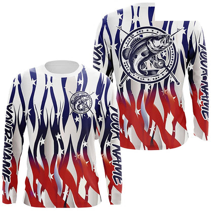 Flaming American Flag Custom Bass Long Sleeve Fishing Shirts, Patriotic Bass Fishing Jerseys IPHW5979