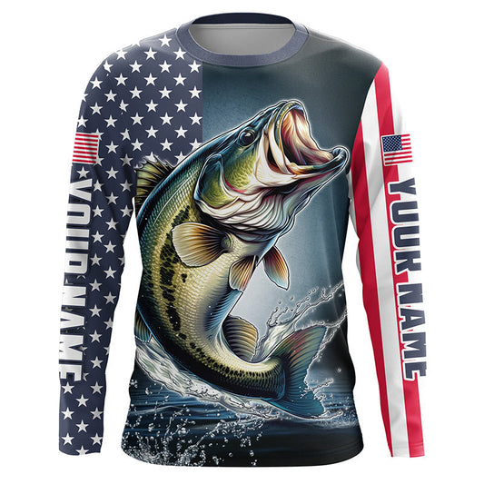Personalized American Flag Bass Long Sleeve Fishing Shirts, Patriotic Bass Fishing Jerseys IPHW6877