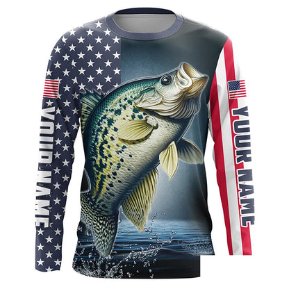 Personalized American Flag Crappie Long Sleeve Fishing Shirts, Patriotic Crappie Fishing Jerseys IPHW6879