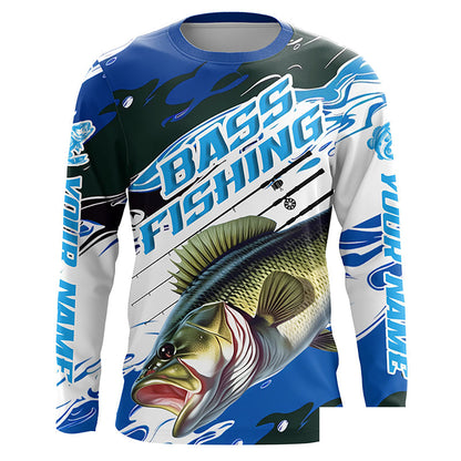 Custom Largemouth Bass Fishing Jerseys, Bass Long Sleeve Tournament Fishing Shirts | Blue Camo IPHW5993