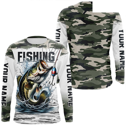Bass Fishing Camo Custom Long Sleeve Fishing Shirts, Personalized Bass Fishing Jerseys IPHW5998