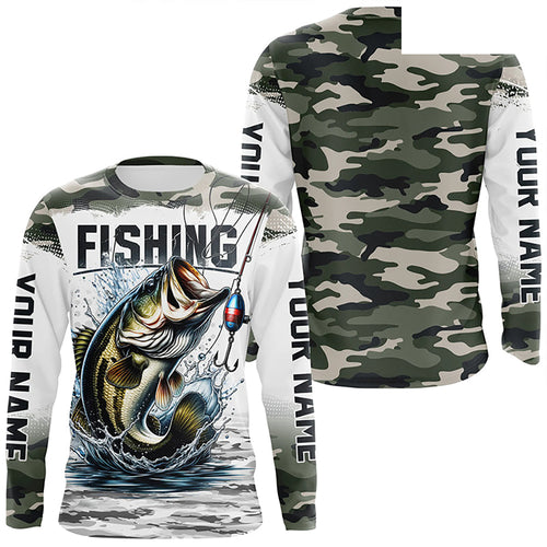 Bass Fishing Camo Custom Long Sleeve Fishing Shirts, Personalized Bass Fishing Jerseys IPHW5998