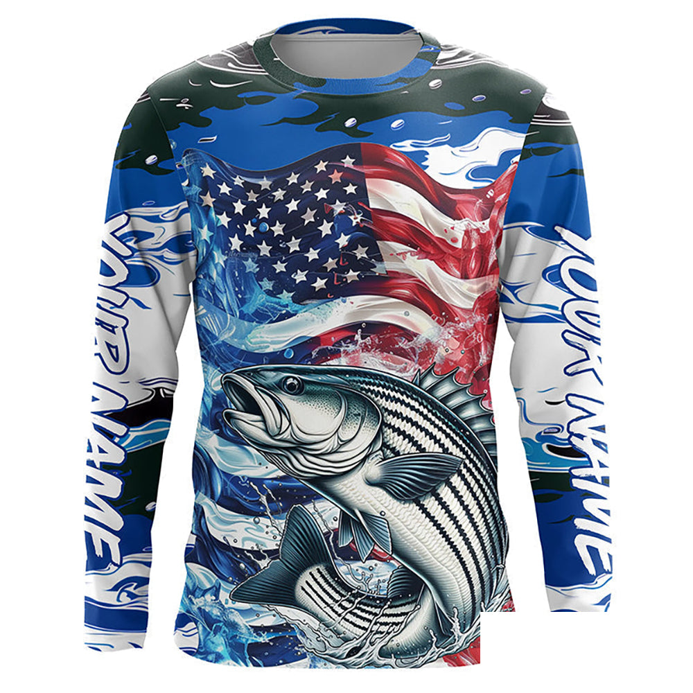 Custom American Flag Striped Bass Long Sleeve Fishing Shirts, Blue Camo Striper Fishing Jerseys IPHW6008