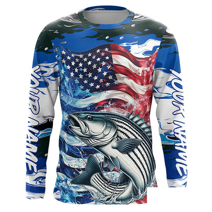 Custom American Flag Striped Bass Long Sleeve Fishing Shirts, Blue Camo Striper Fishing Jerseys IPHW6008
