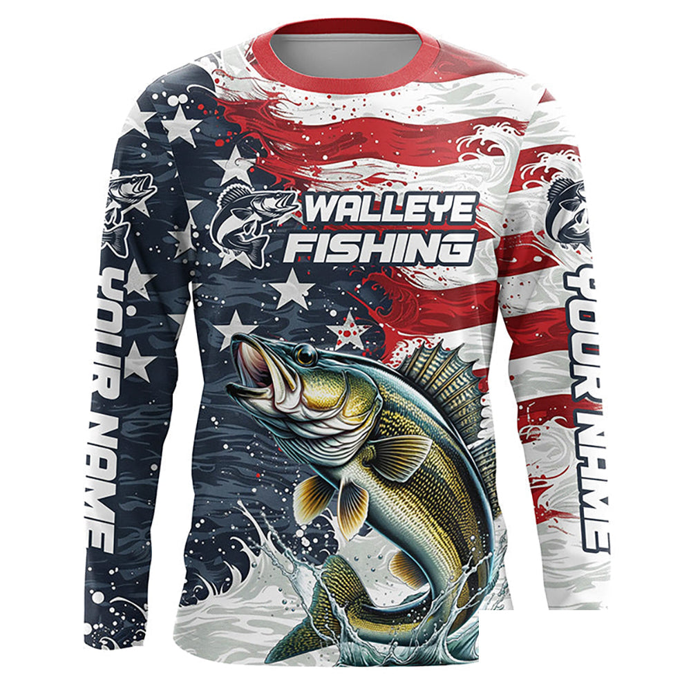 Personalized American Flag Walleye Long Sleeve Fishing Shirts, Patriotic Walleye Fishing Jerseys IPHW6010