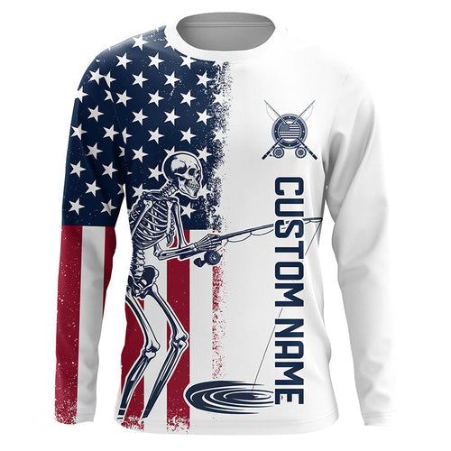 Custom American Flag Skull Patriotic Long Sleeve Fishing Shirts, Halloween Fishing Outfit IPHW7351