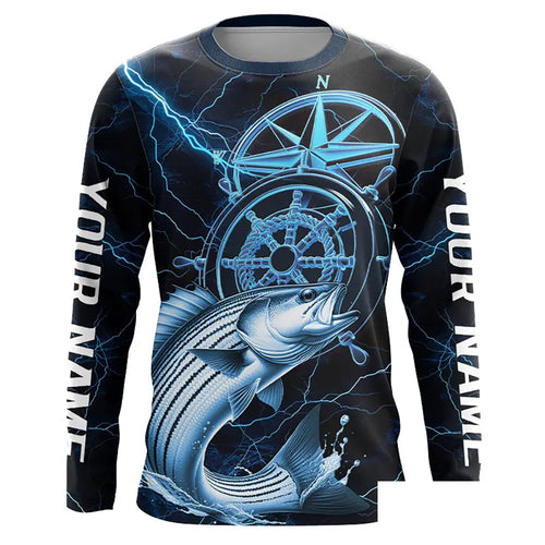 Blue Thunder Lightning Custom Striped Bass Compass Long Sleeve Tournament Fishing Shirts IPHW8099