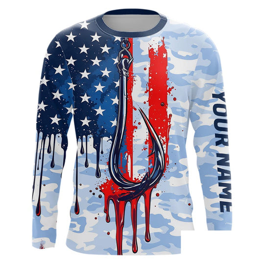 Blue Camo Dripping American Flag US Fish Hook Custom Long Sleeve Patriotic Fishing Shirts IPHW7954