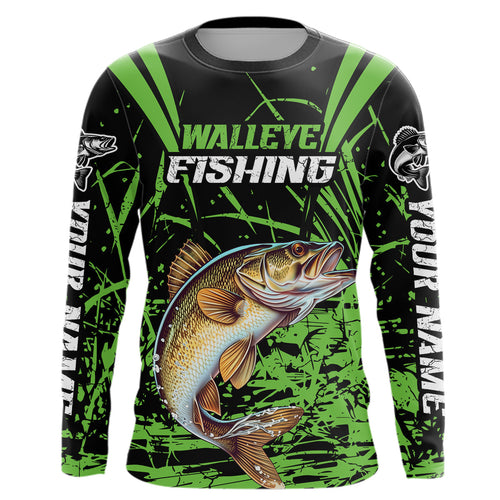 Customized Walleye Fishing Long Sleeve Tournament Shirt, Walleye Fishing Gifts For Fisherman | Green IPHW6647